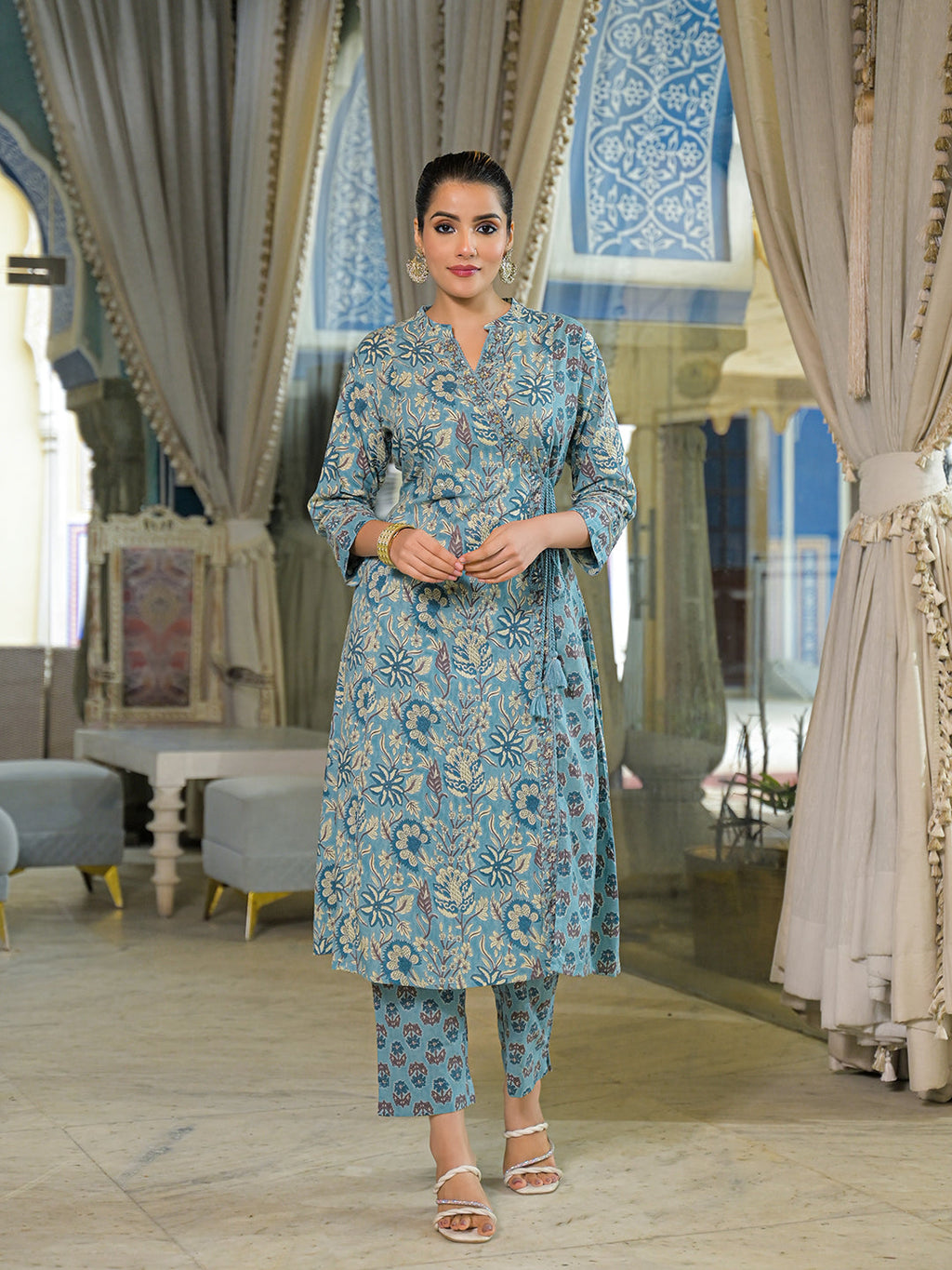 Noe Velarro Blue Floral Print Cotton A-Line Kurta Pant With Dupatta