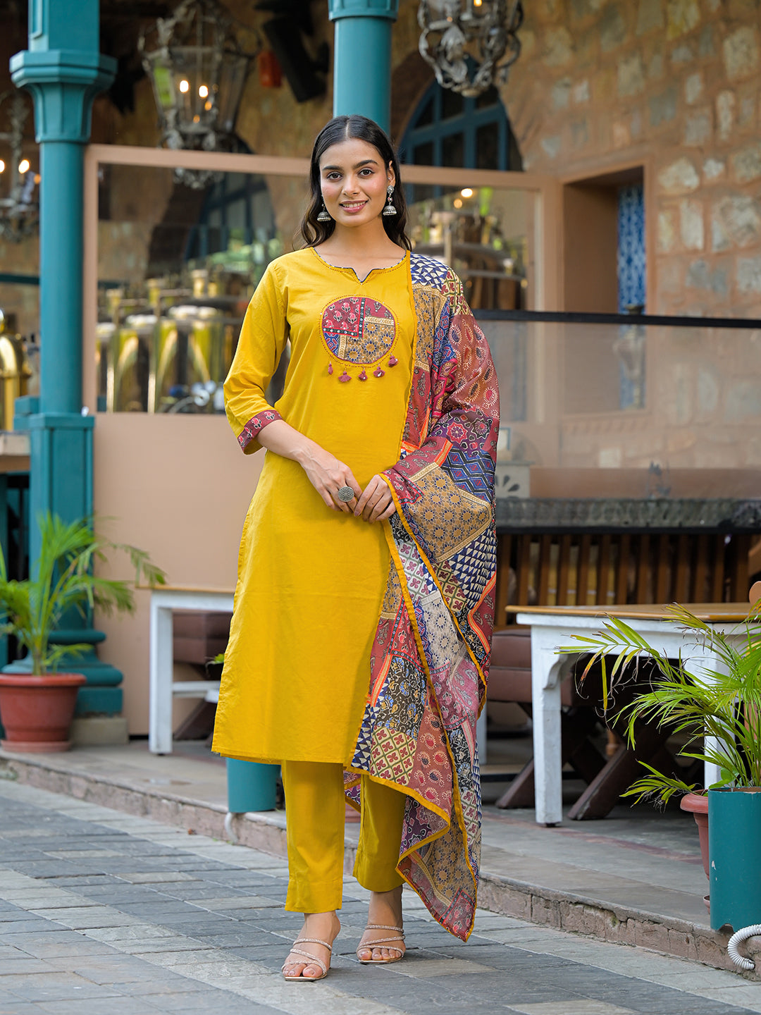 Noe Velarro Mustard Embroidered Cotton Kurta Sets With Dupatta