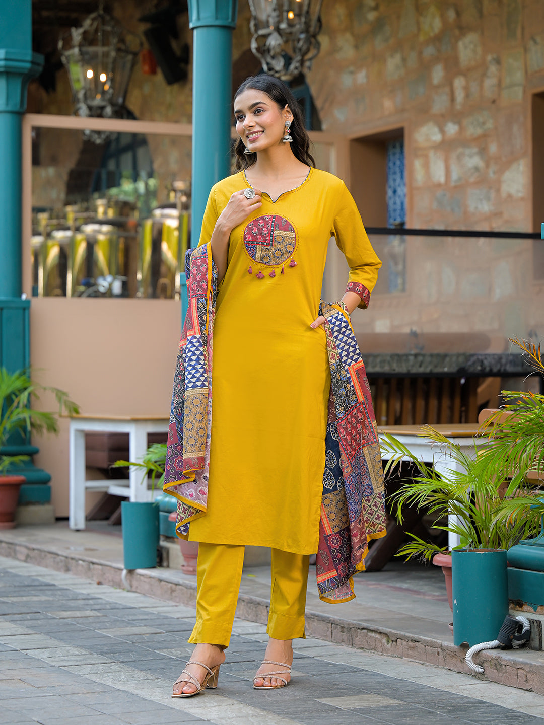 Noe Velarro Mustard Embroidered Cotton Kurta Sets With Dupatta