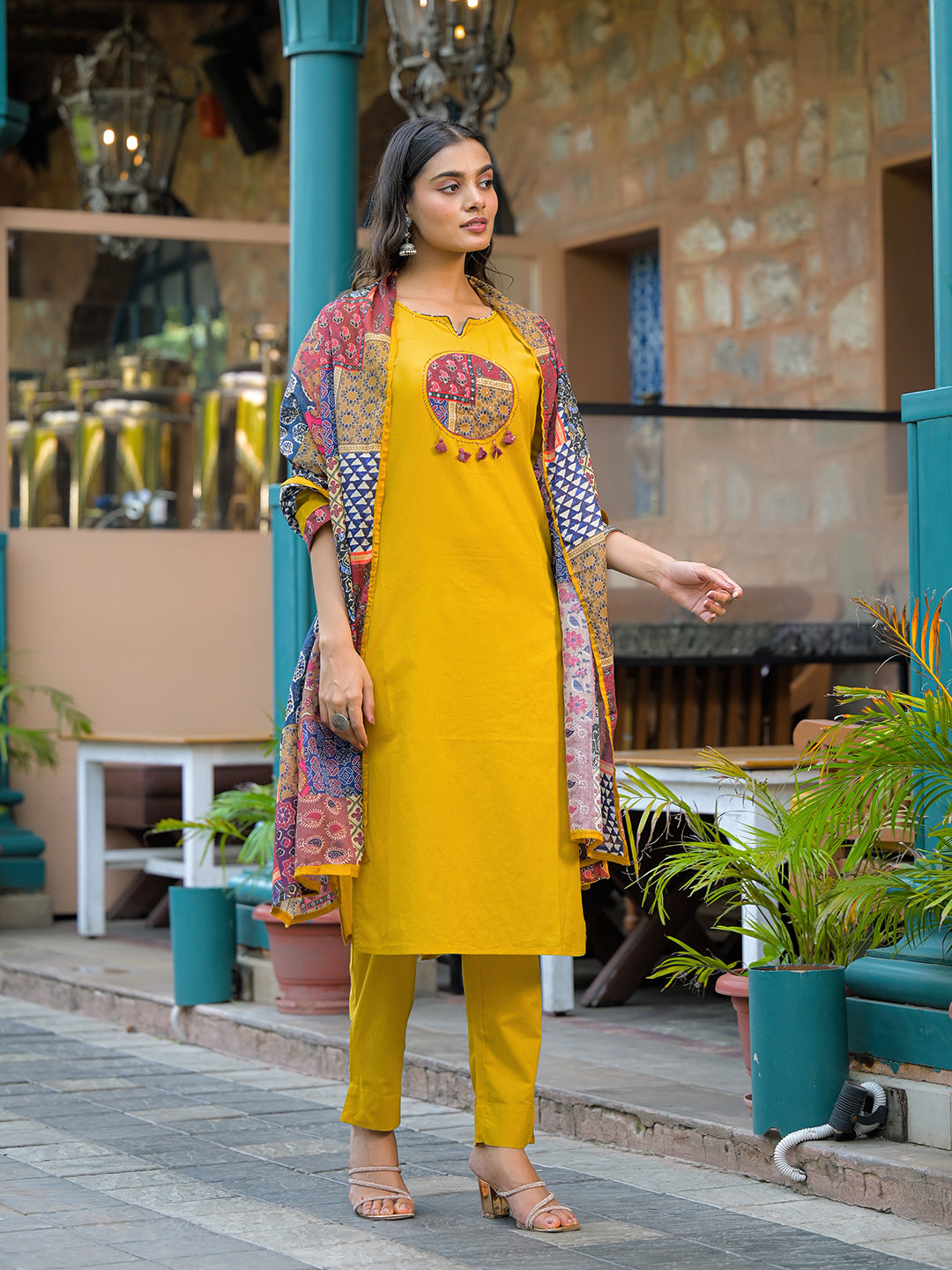 Noe Velarro Mustard Embroidered Cotton Kurta Sets With Dupatta