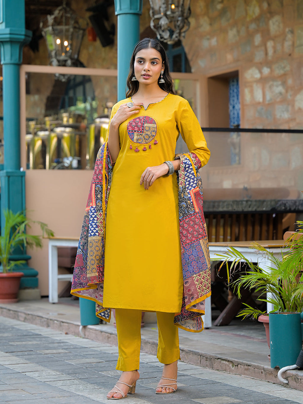 Noe Velarro Mustard Embroidered Cotton Kurta Sets With Dupatta