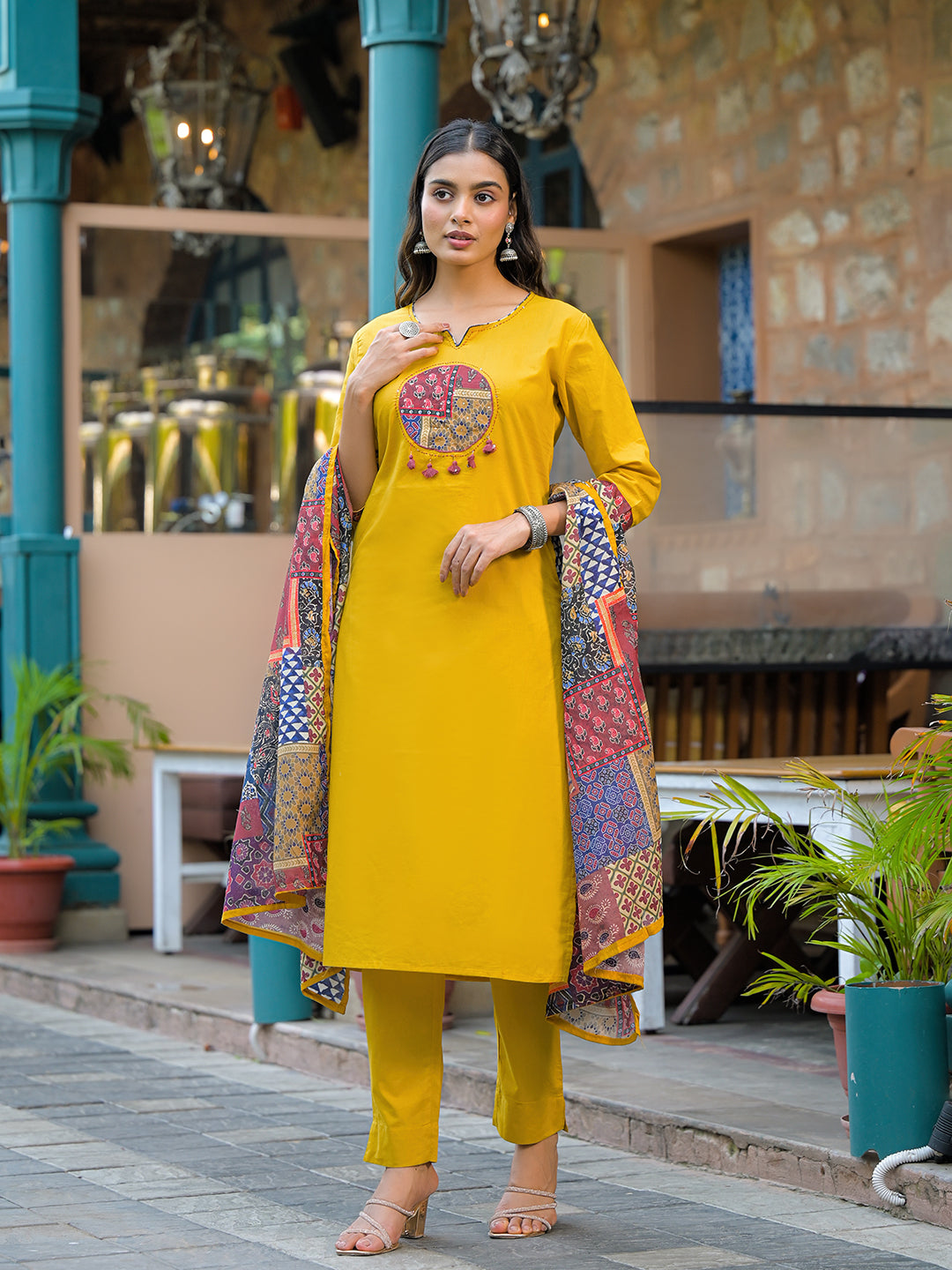 Noe Velarro Mustard Embroidered Cotton Kurta Sets With Dupatta