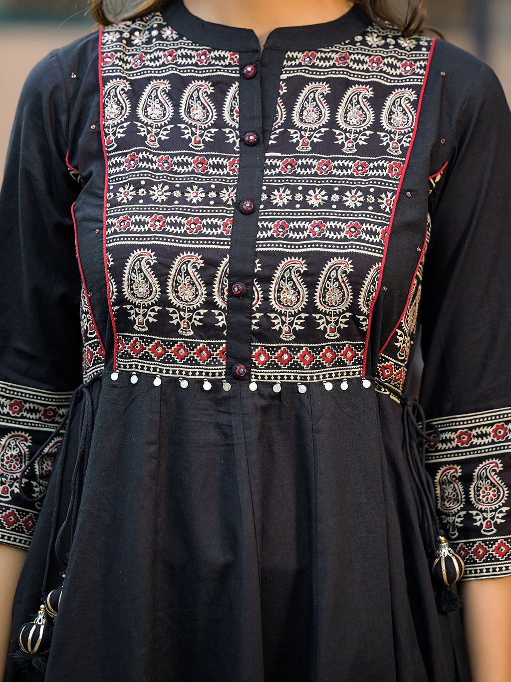 Noe Velarro Black Paisley Print Cotton Anarkali Kurta Sets With Dupatta