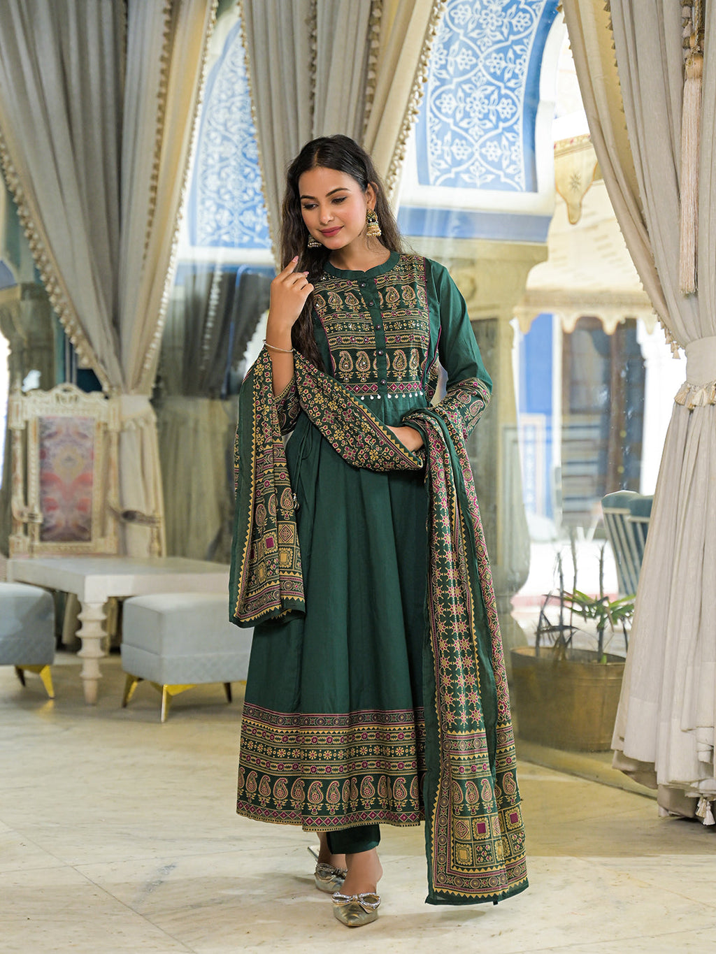 Noe Velarro Green Paisley Print Cotton Anarkali Kurta Pant Set With Dupatta