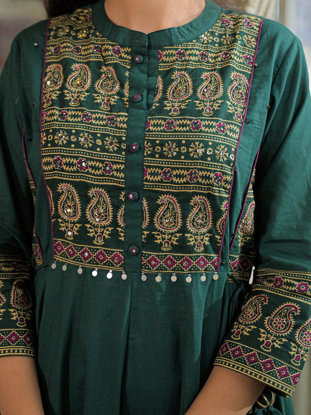 Noe Velarro Green Paisley Print Cotton Anarkali Kurta Pant Set With Dupatta