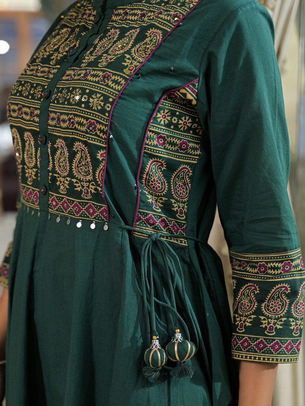Noe Velarro Green Paisley Print Cotton Anarkali Kurta Pant Set With Dupatta