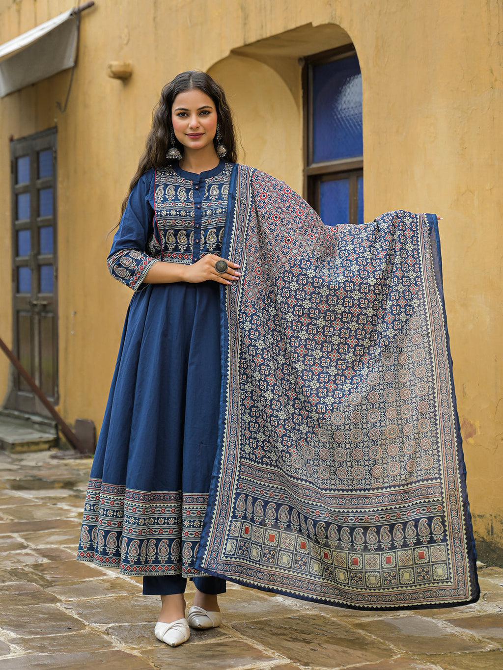 Noe Velarro Blue Paisley Print Cotton Anarkali Kurta Pant Set With Dupatta