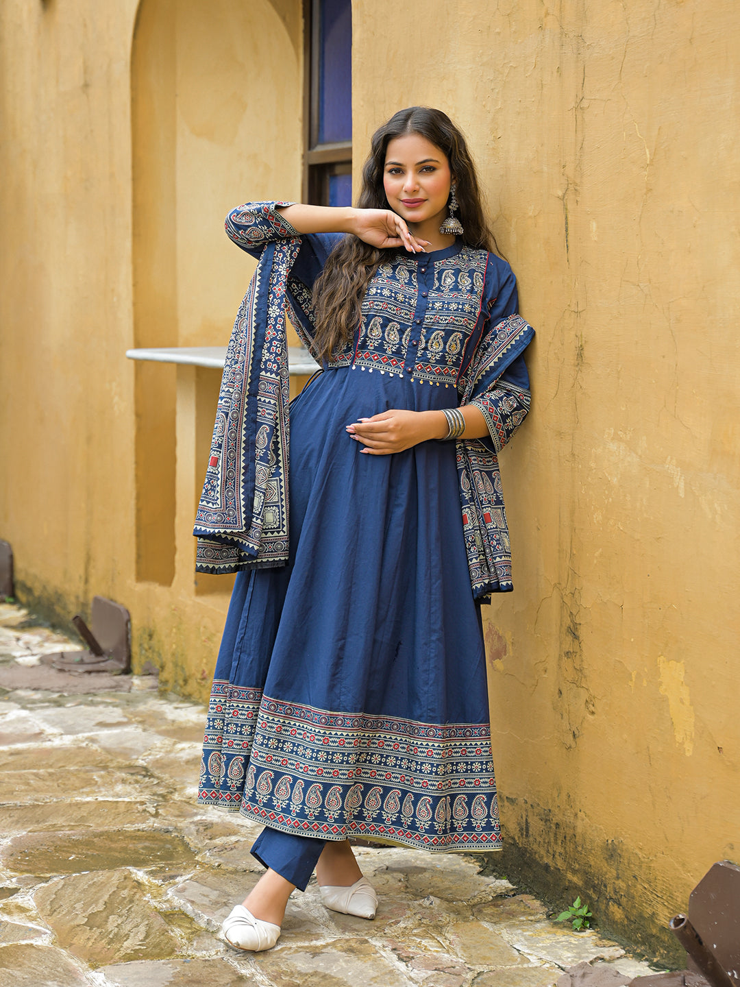 Noe Velarro Blue Paisley Print Cotton Anarkali Kurta Pant Set With Dupatta
