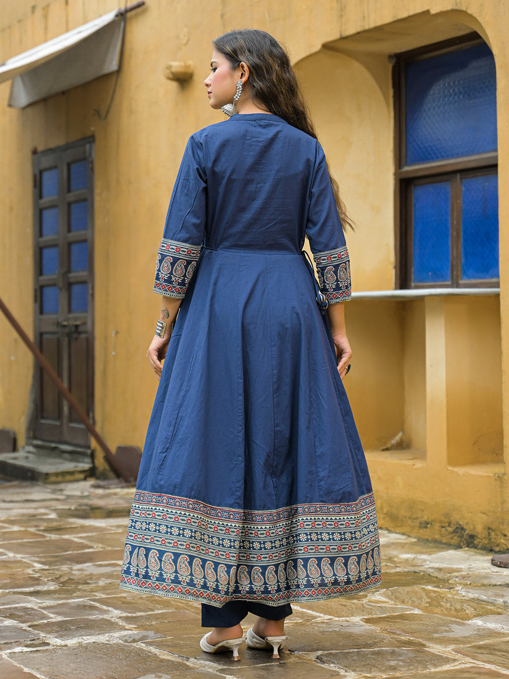 Noe Velarro Blue Paisley Print Cotton Anarkali Kurta Pant Set With Dupatta