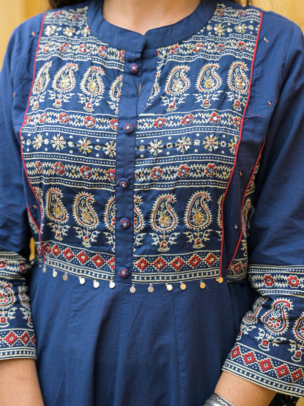 Noe Velarro Blue Paisley Print Cotton Anarkali Kurta Pant Set With Dupatta