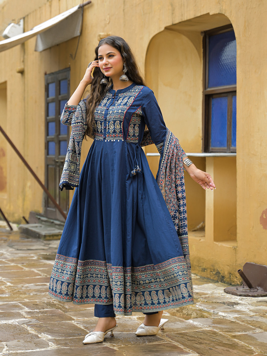 Noe Velarro Blue Paisley Print Cotton Anarkali Kurta Pant Set With Dupatta