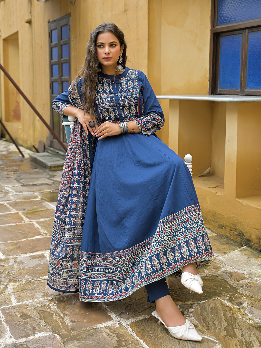 Noe Velarro Blue Paisley Print Cotton Anarkali Kurta Pant Set With Dupatta