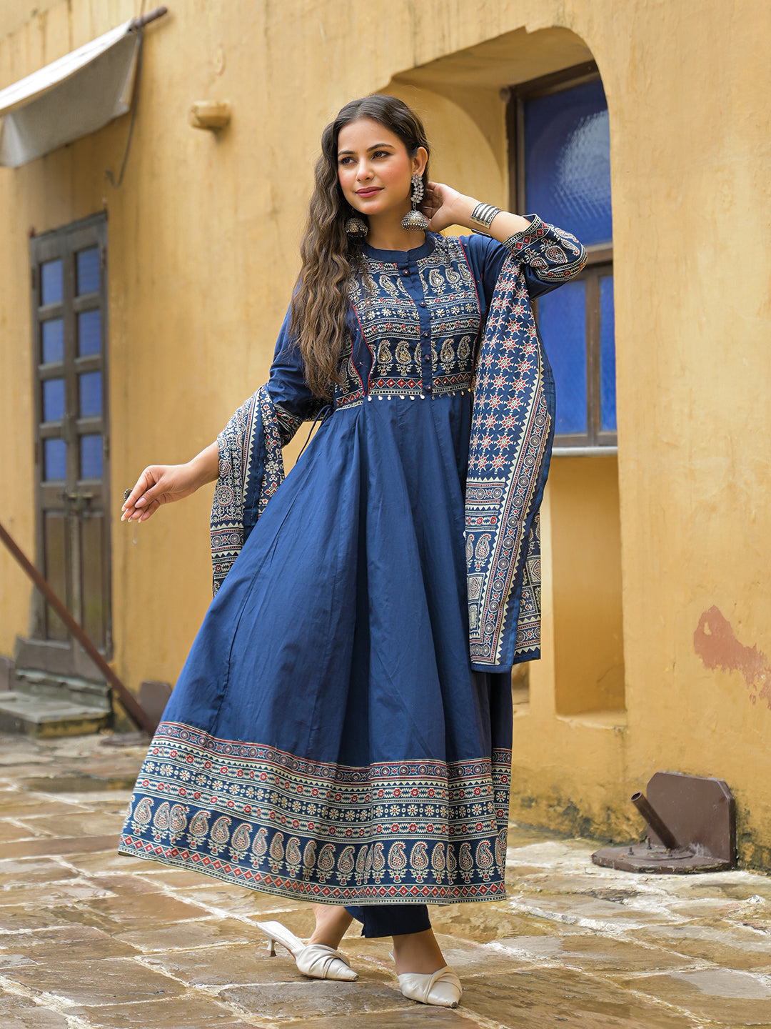 Noe Velarro Blue Paisley Print Cotton Anarkali Kurta Pant Set With Dupatta
