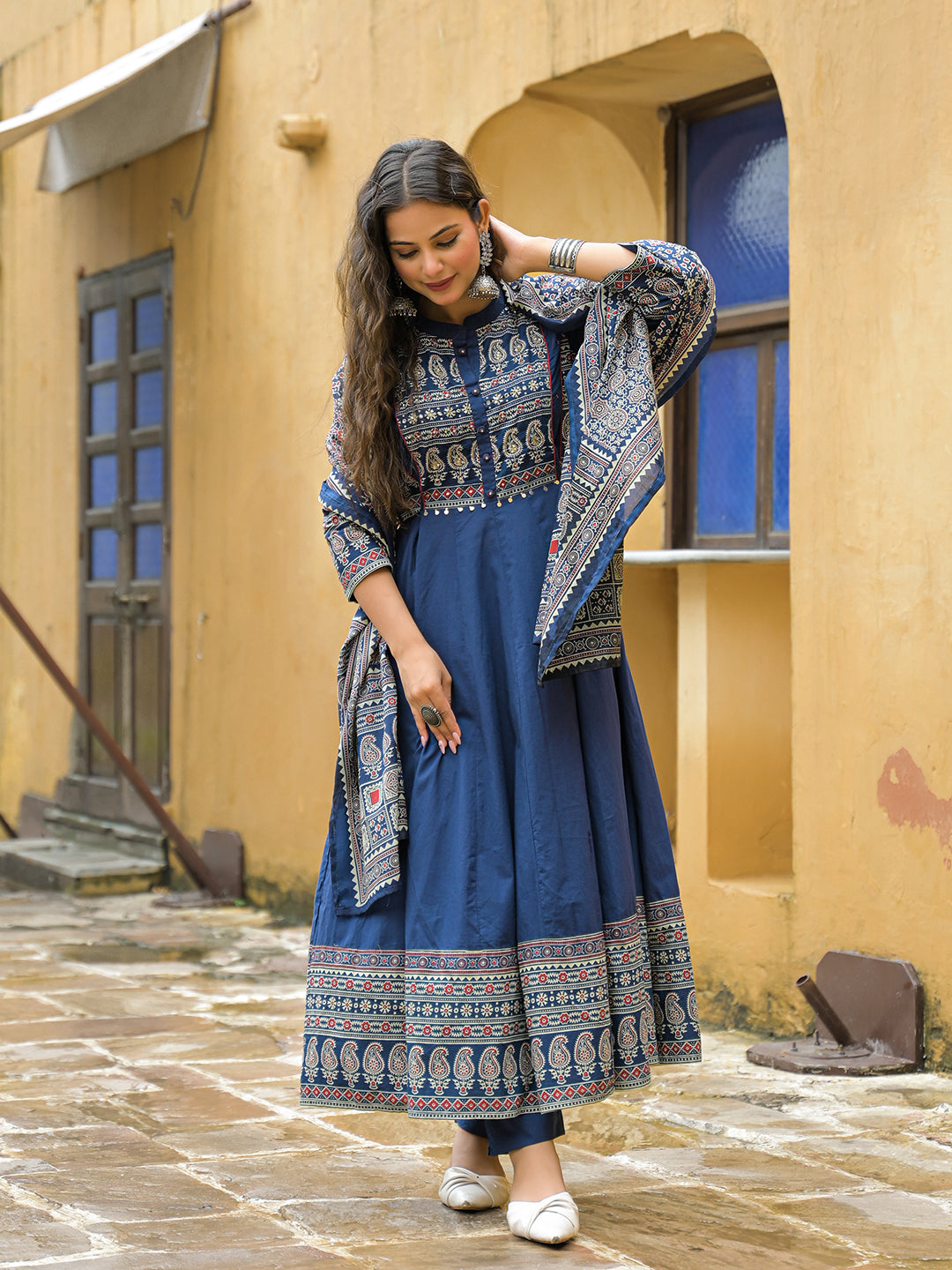 Noe Velarro Blue Paisley Print Cotton Anarkali Kurta Pant Set With Dupatta