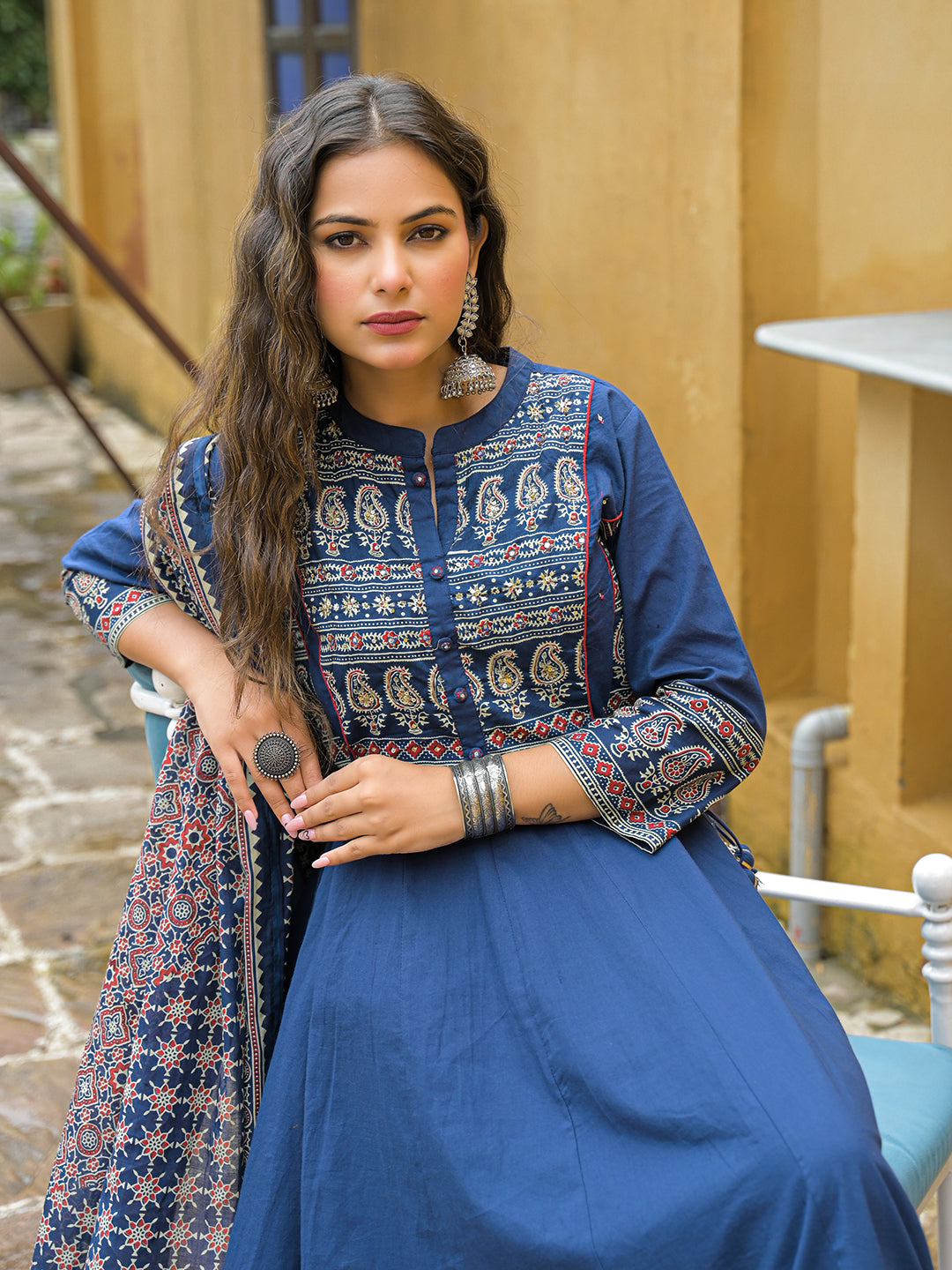 Noe Velarro Blue Paisley Print Cotton Anarkali Kurta Pant Set With Dupatta