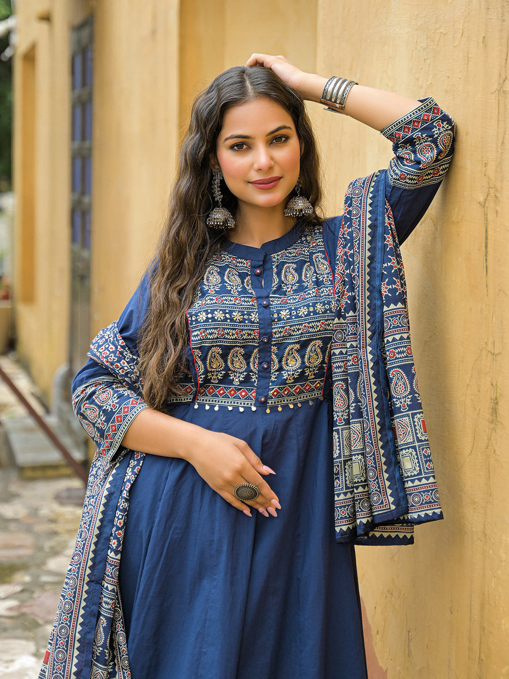 Noe Velarro Blue Paisley Print Cotton Anarkali Kurta Pant Set With Dupatta