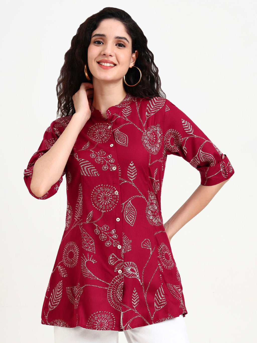 Noe Velarro Maroon Printed Rayon Top