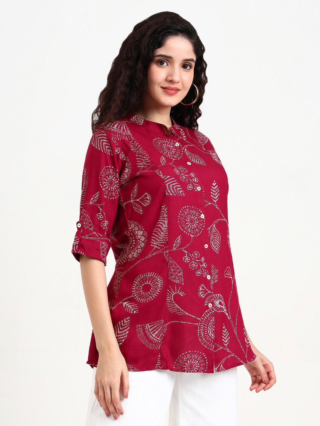 Noe Velarro Maroon Printed Rayon Top