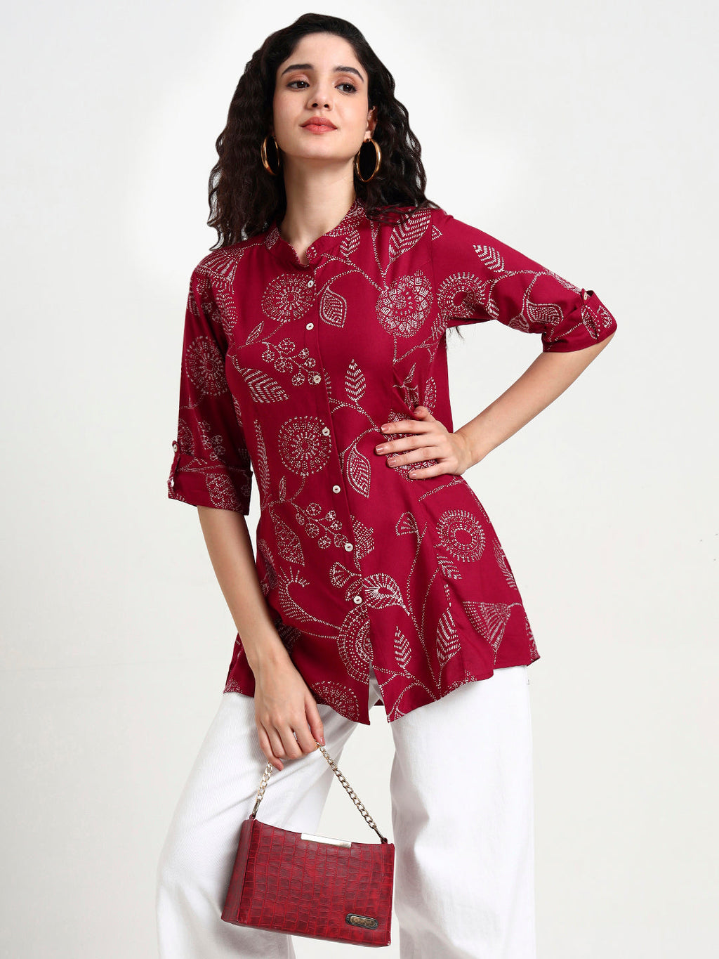 Noe Velarro Maroon Printed Rayon Top