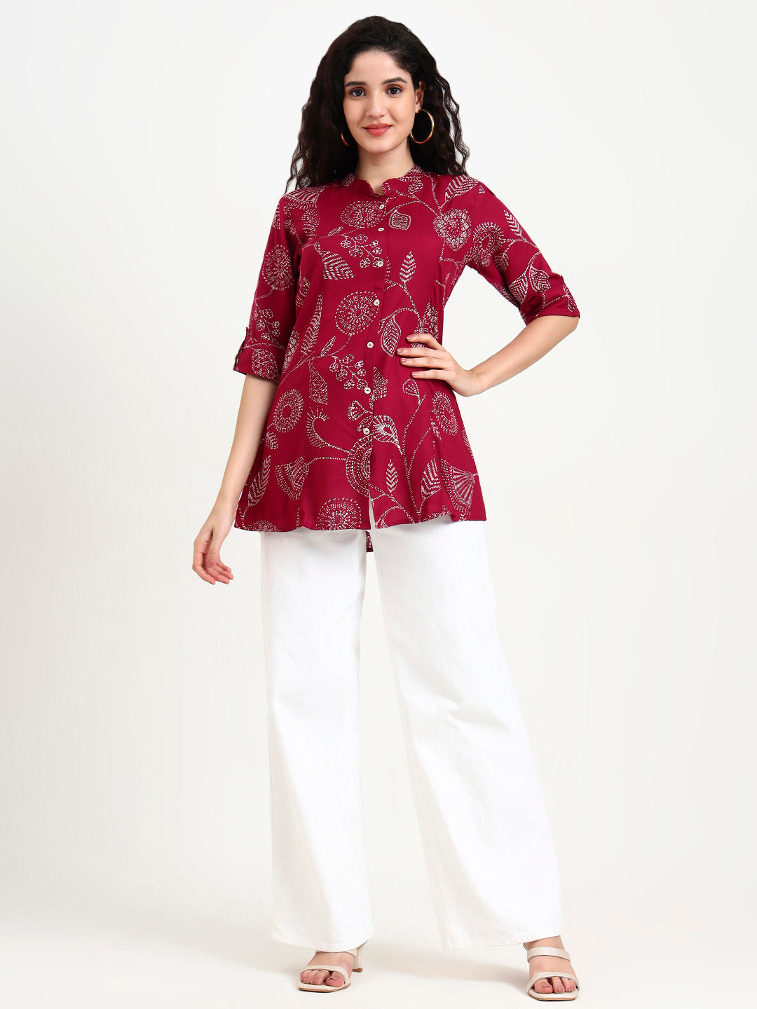 Noe Velarro Maroon Printed Rayon Top