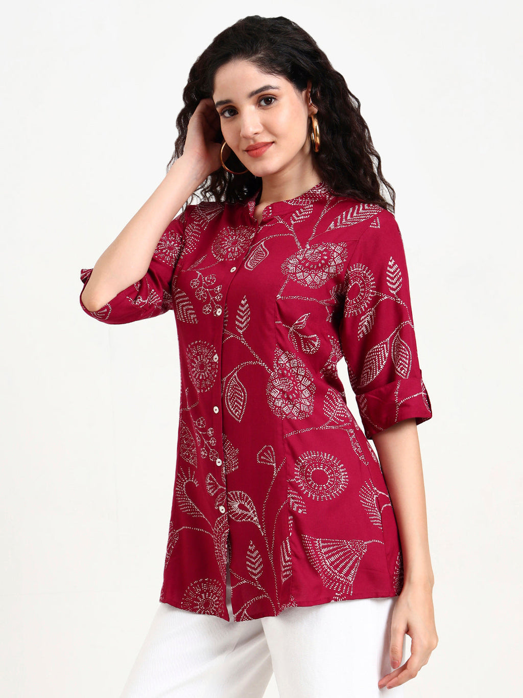 Noe Velarro Maroon Printed Rayon Top