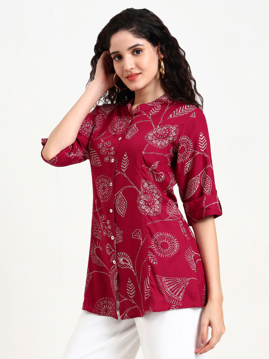 Noe Velarro Maroon Printed Rayon Top