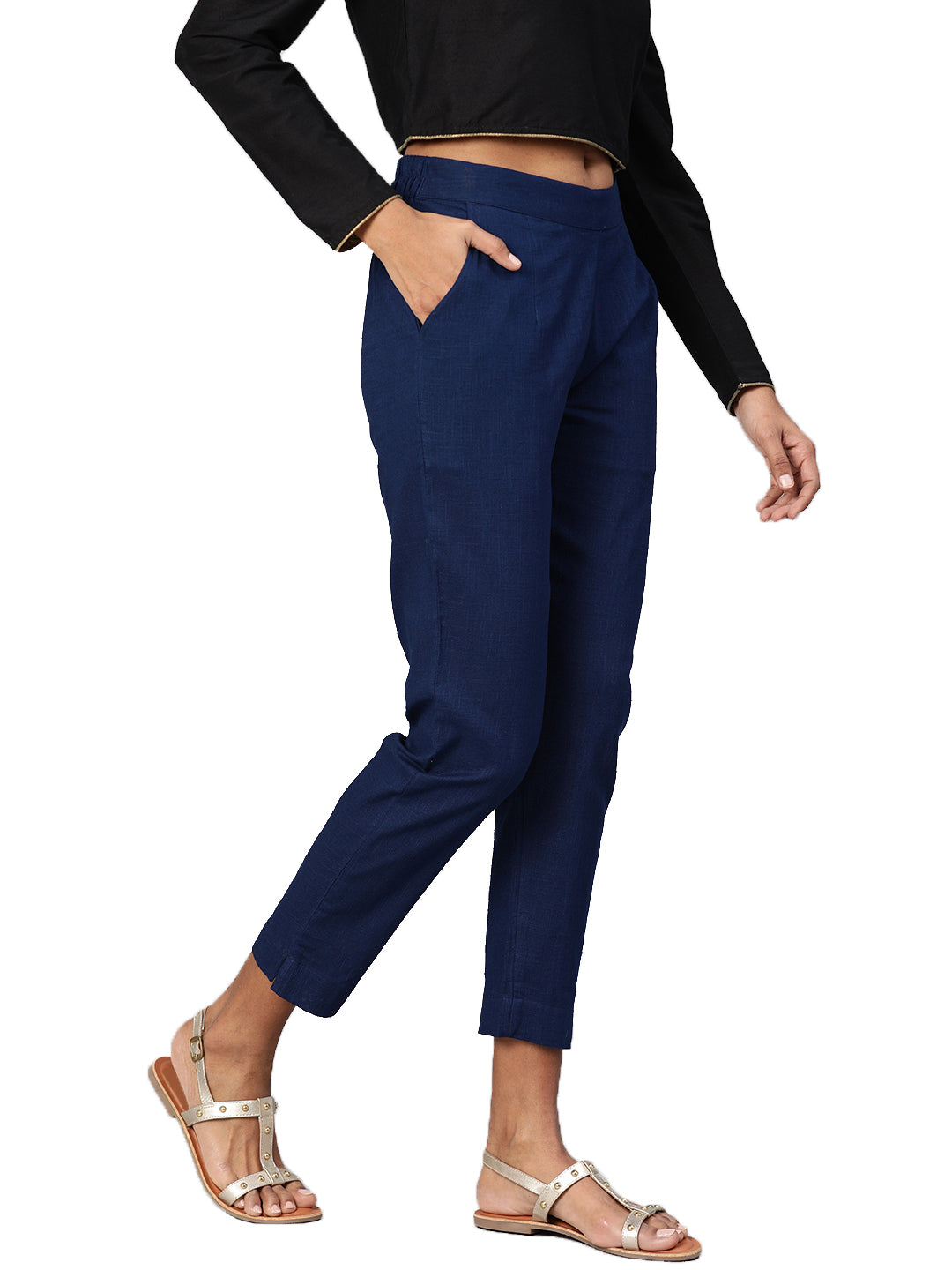 Noe Velarro Women Navy Blue Straight Fit Solid Regular Trousers