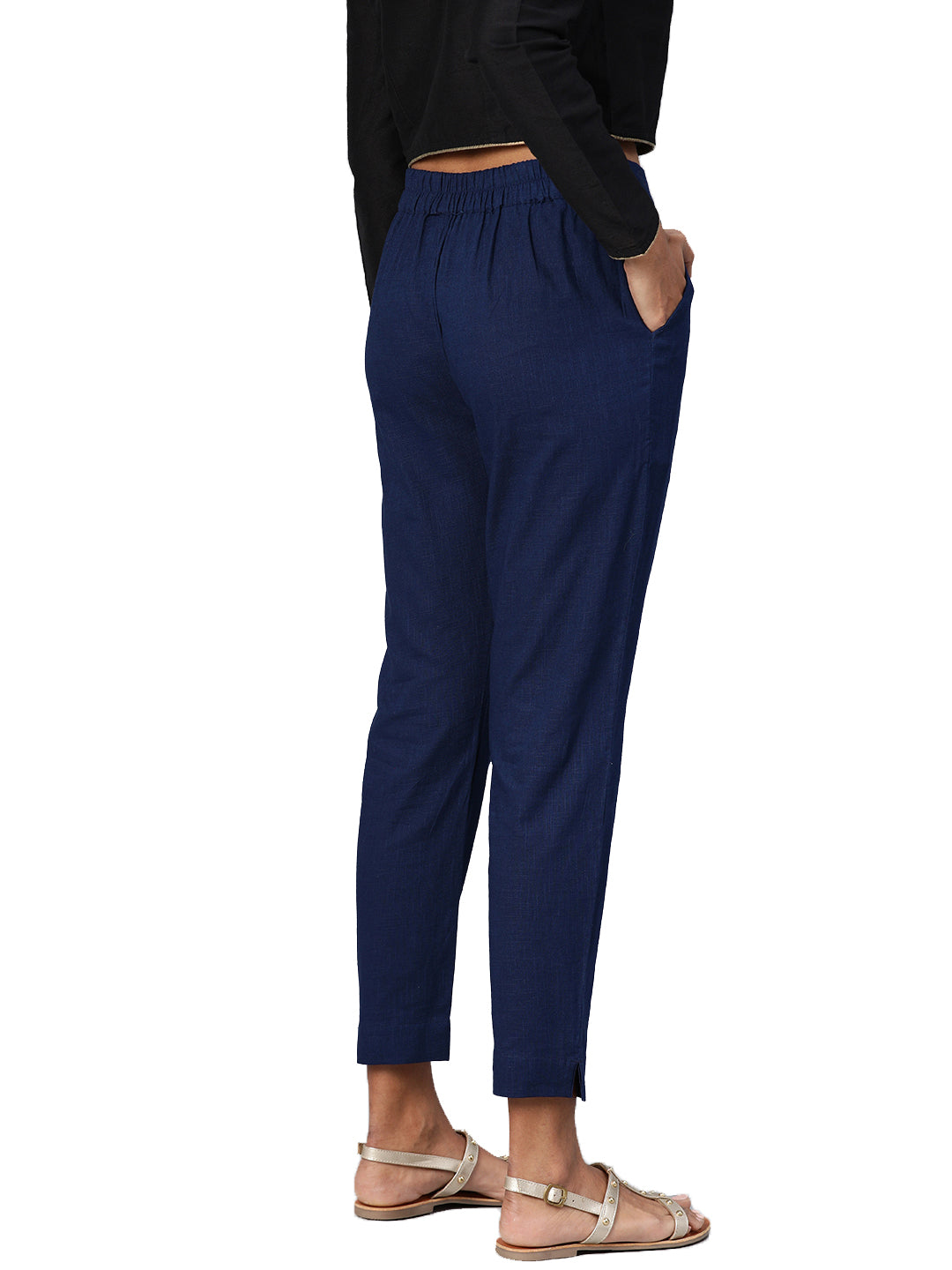 Noe Velarro Women Navy Blue Straight Fit Solid Regular Trousers