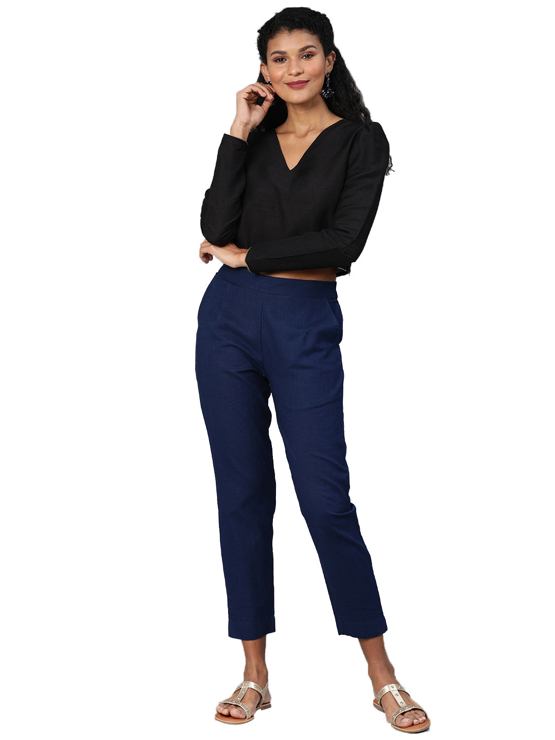 Noe Velarro Women Navy Blue Straight Fit Solid Regular Trousers