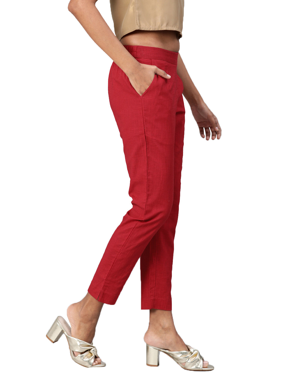 Noe Velarro Women Maroon Straight Fit Solid Regular Trousers