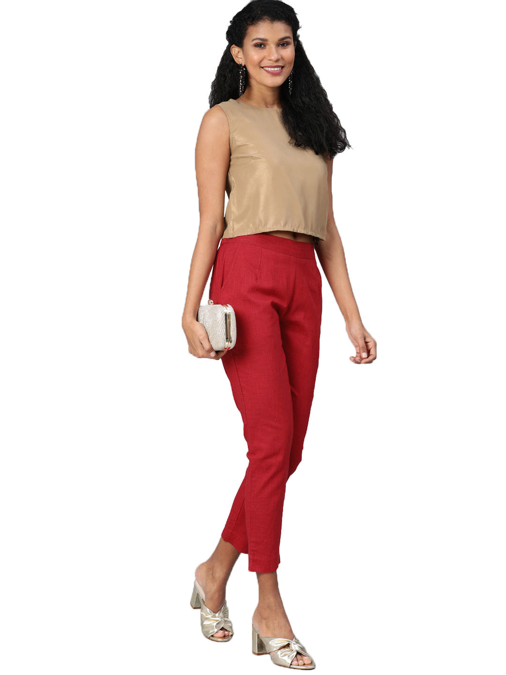 Noe Velarro Women Maroon Straight Fit Solid Regular Trousers