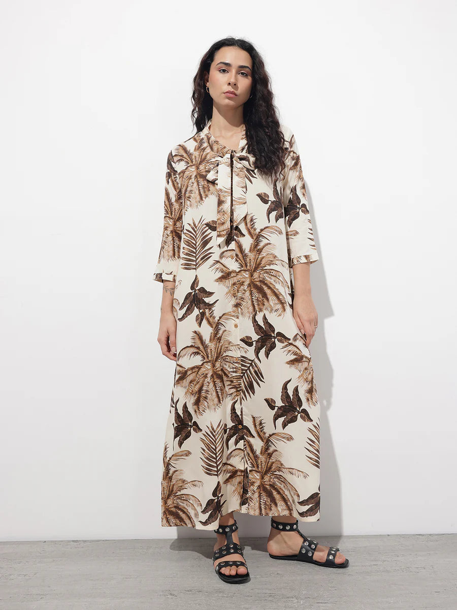 Noe Velarro Cream Tie up Neck Rayon Maxi Dress