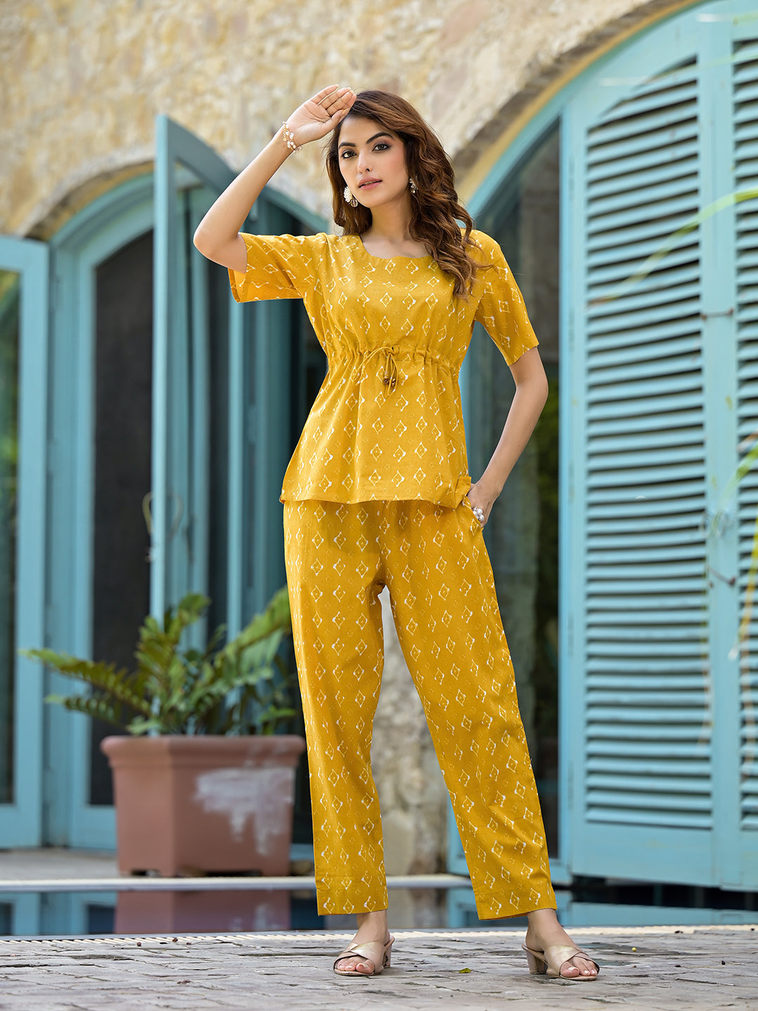 Noe Velarro Mustard Cotton A-line Night Suit with Adjustable Waist Dori