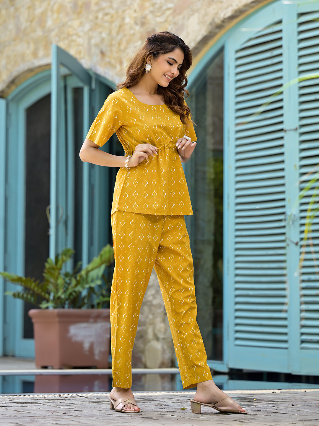 Noe Velarro Mustard Cotton A-line Night Suit with Adjustable Waist Dori