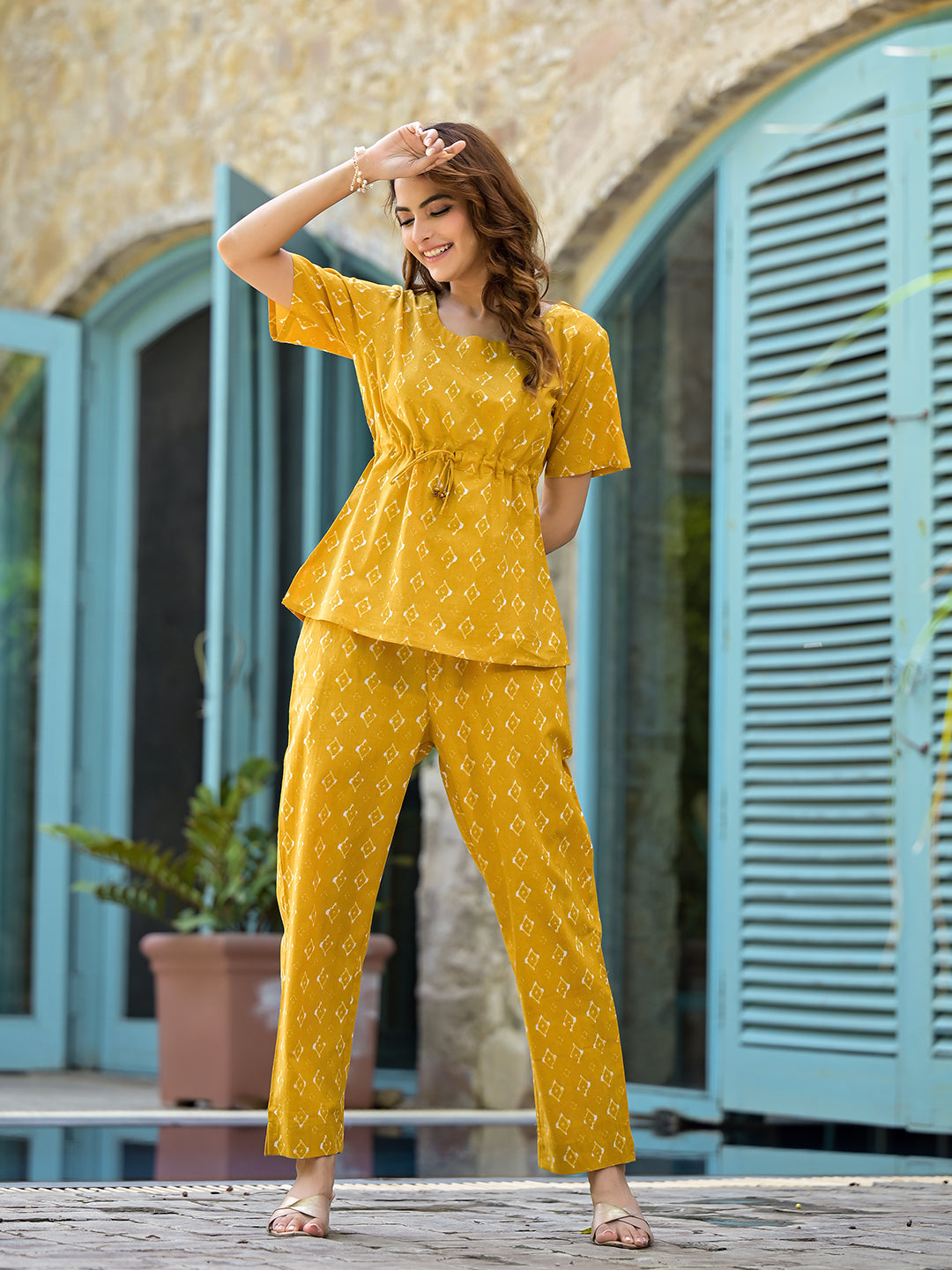 Noe Velarro Mustard Cotton A-line Night Suit with Adjustable Waist Dori