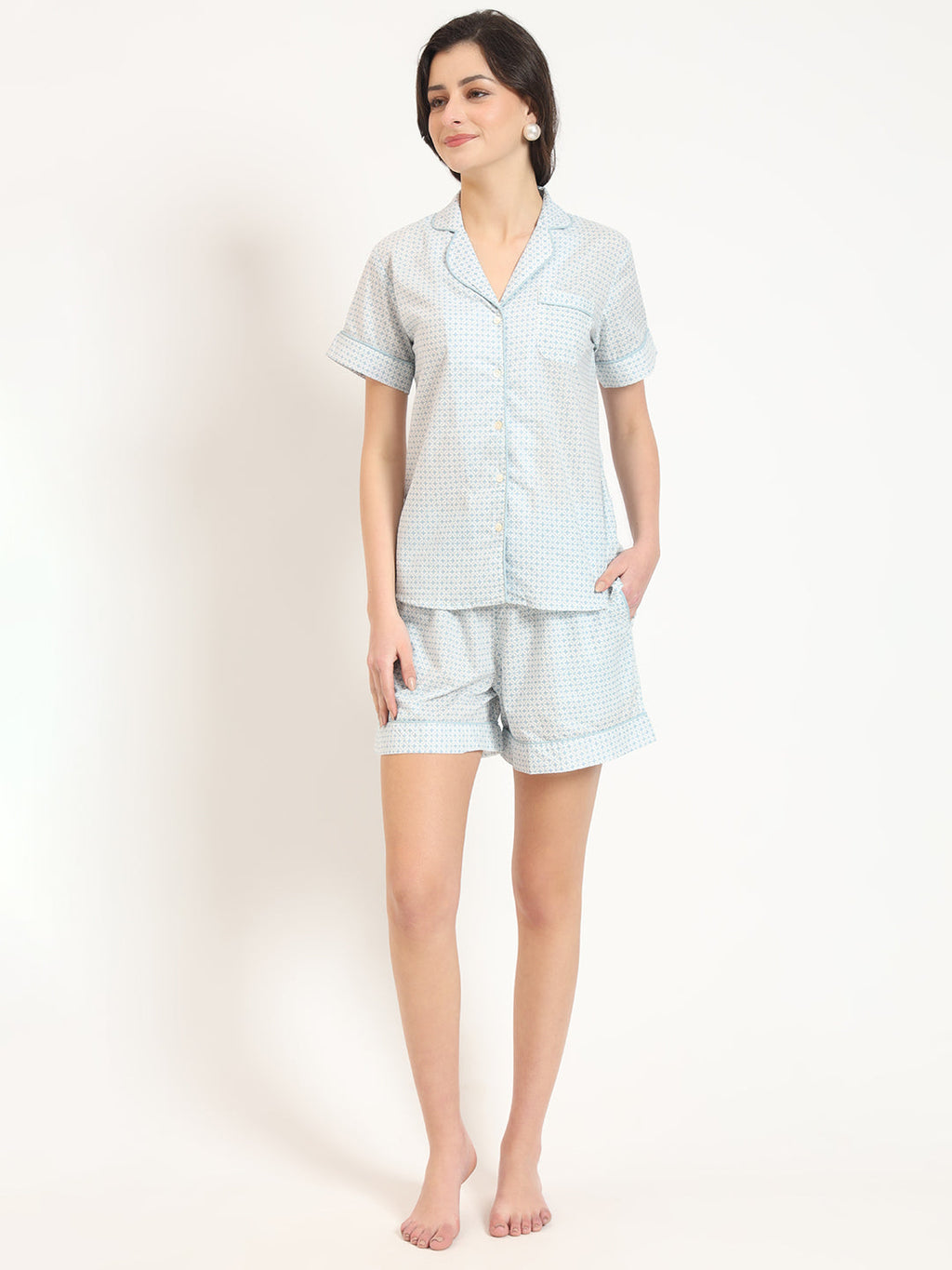 Noe Velarro Grey Printed Cotton Shirt with Shorts Night suit