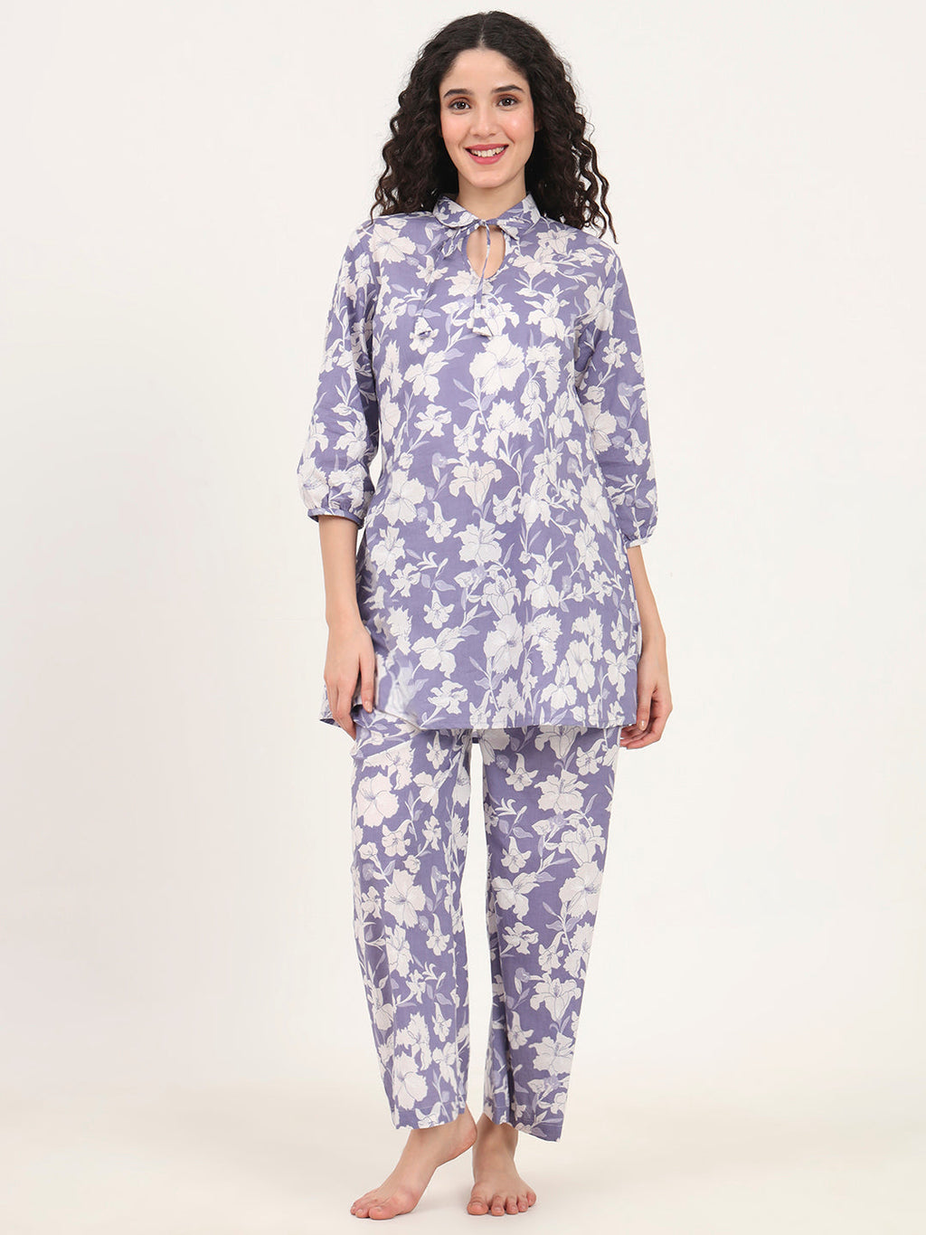 Noe Velarro Blue Cotton Night Suit with a Collared Shirt
