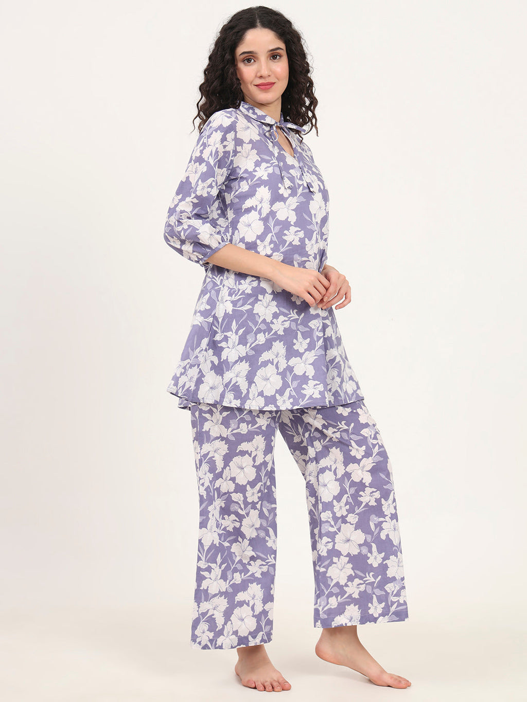 Noe Velarro Blue Cotton Night Suit with a Collared Shirt