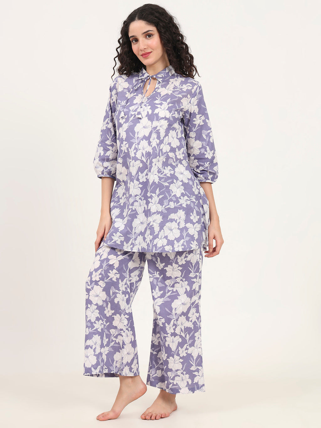 Noe Velarro Blue Cotton Night Suit with a Collared Shirt