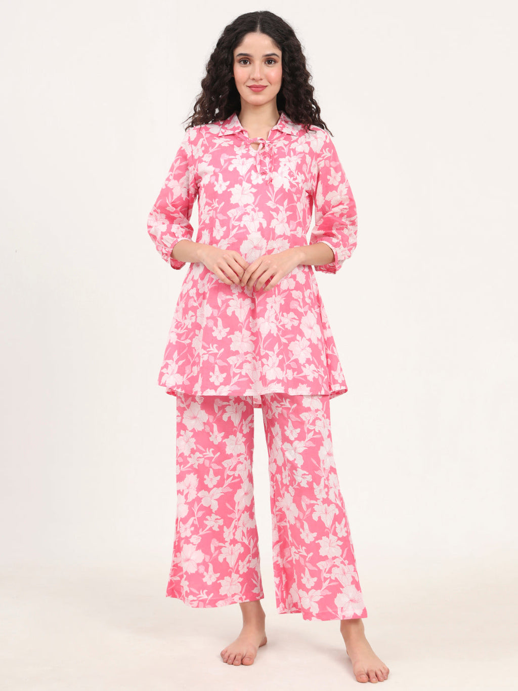 Noe Velarro Pink Shirt Coller Cotton Night Suits