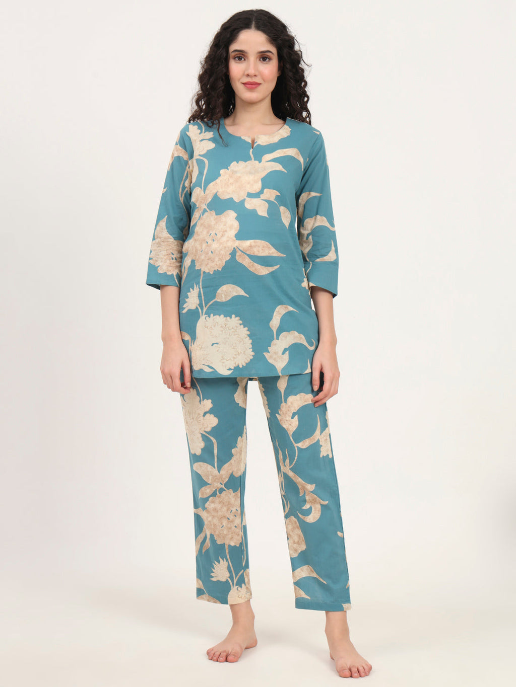 Noe Velarro Teal Blue Round Neck Cotton Night Suit