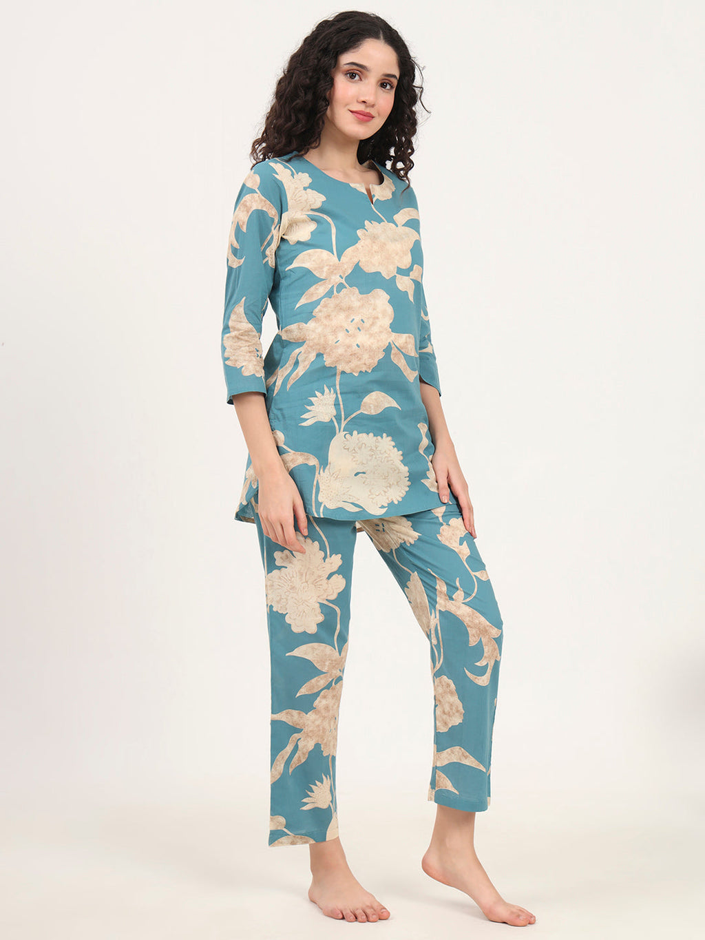 Noe Velarro Teal Blue Round Neck Cotton Night Suit