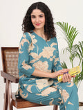 Noe Velarro Teal Blue Round Neck Cotton Night Suit