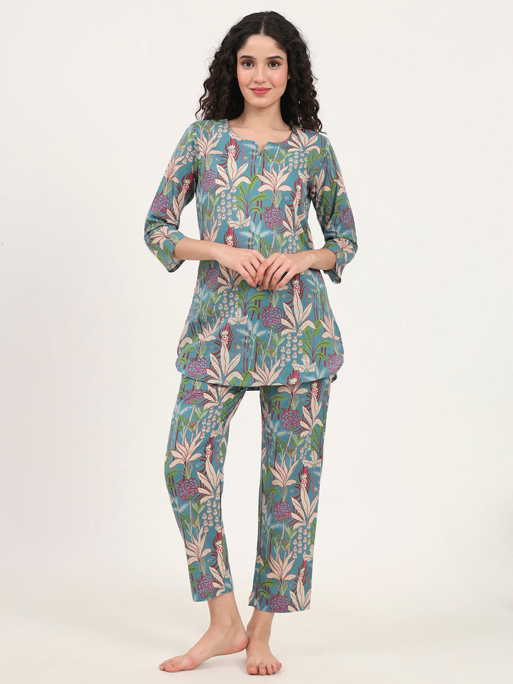 Noe Velarro Teal Green Round Neck Cotton Night Suit