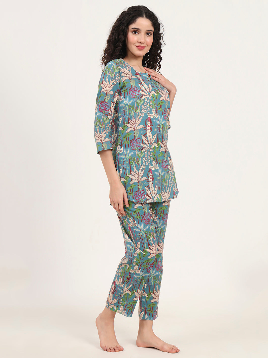 Noe Velarro Teal Green Round Neck Cotton Night Suit