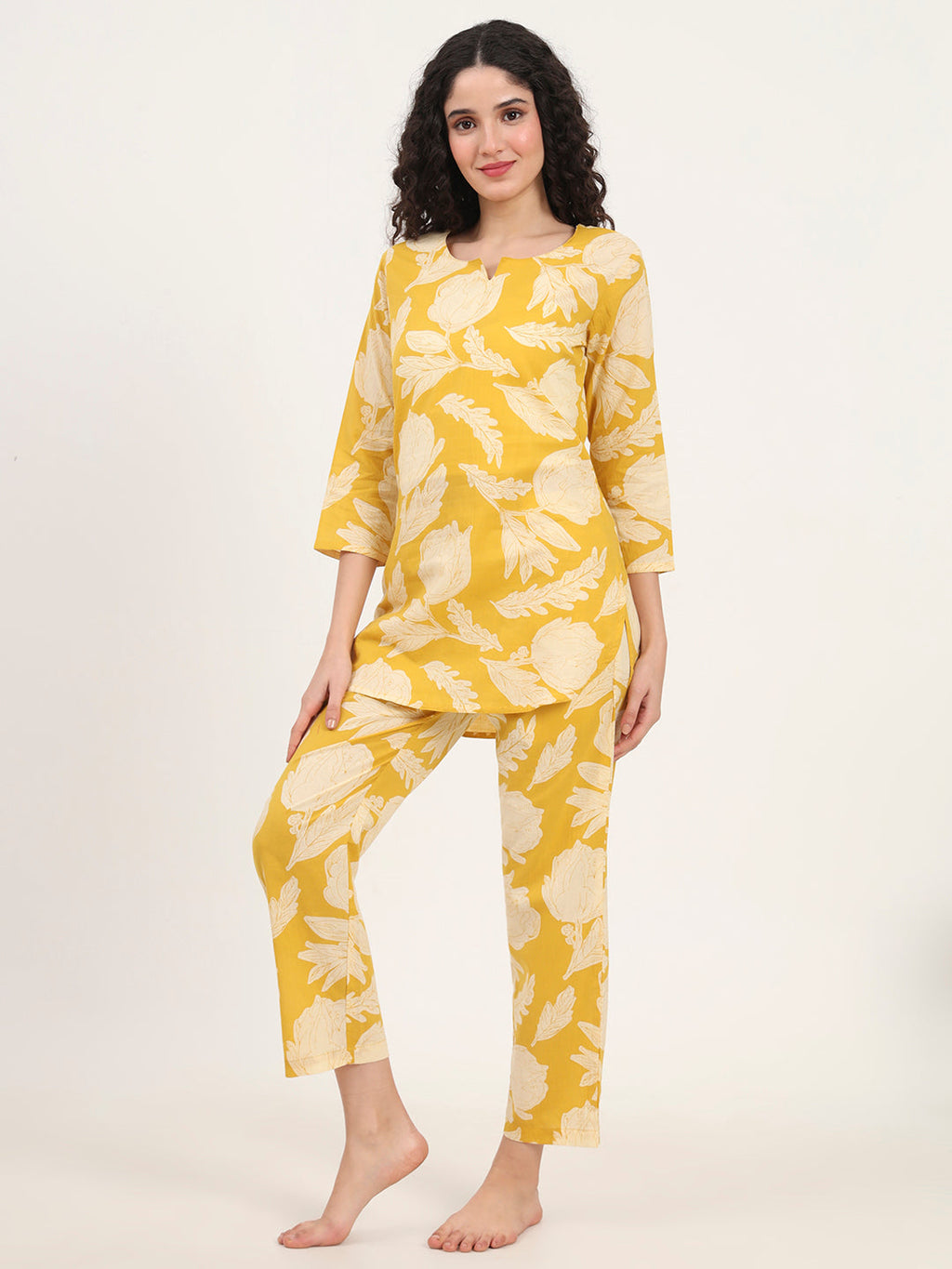 Noe Velarro Yellow Round Neck Cotton Night Suit
