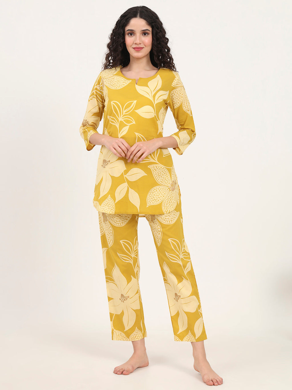 Noe Velarro Mustard Round Neck Printed Cotton Night Suit