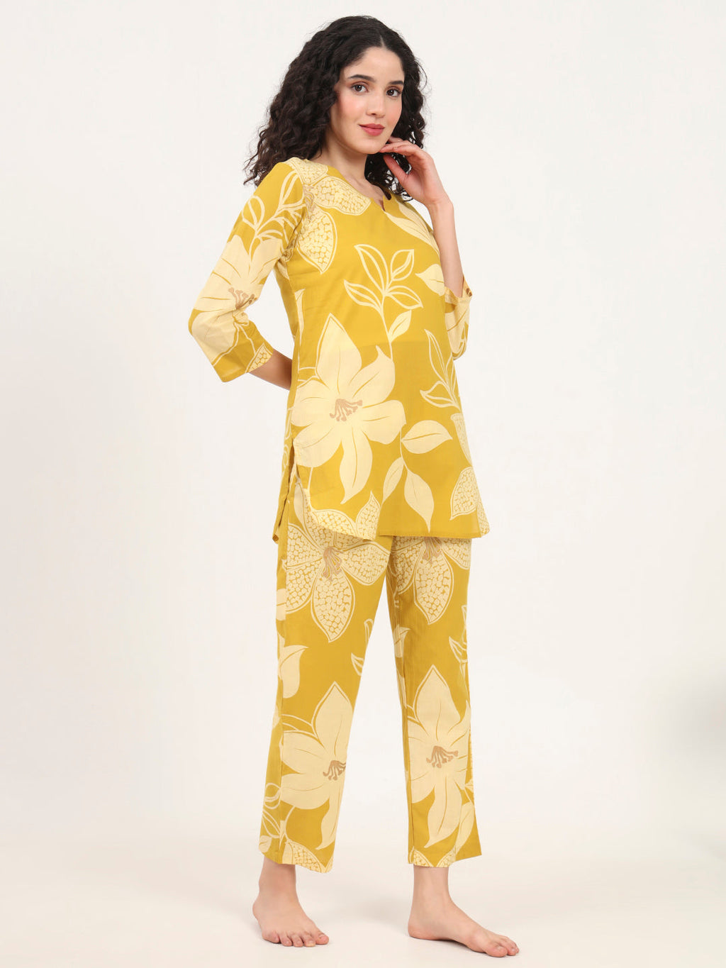 Noe Velarro Mustard Round Neck Printed Cotton Night Suit