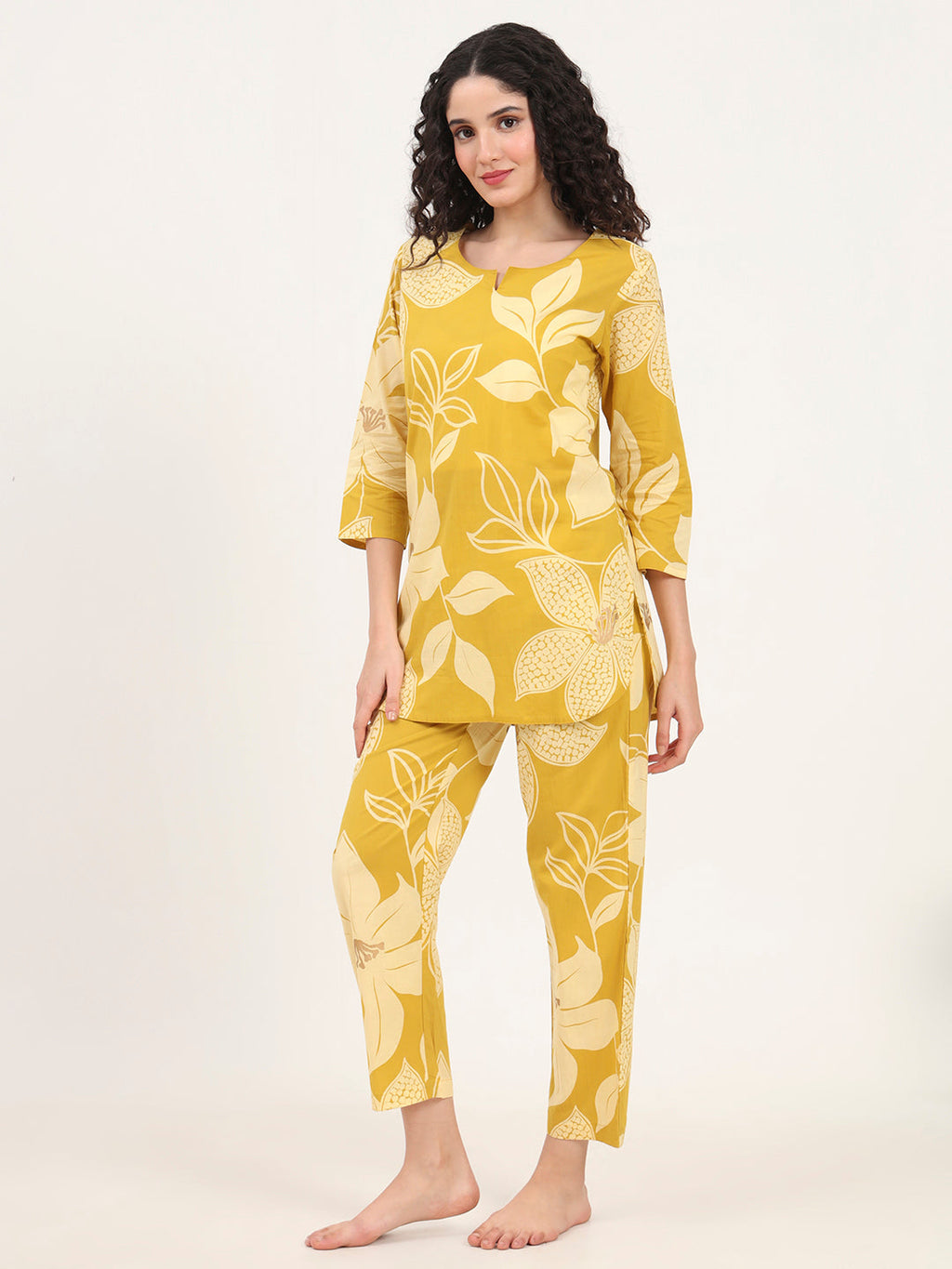 Noe Velarro Mustard Round Neck Printed Cotton Night Suit