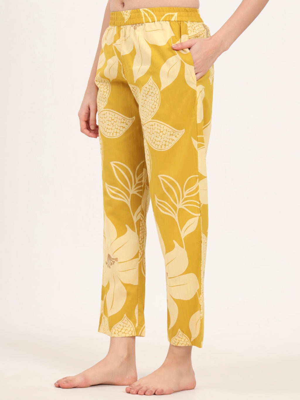 Noe Velarro Mustard Round Neck Printed Cotton Night Suit